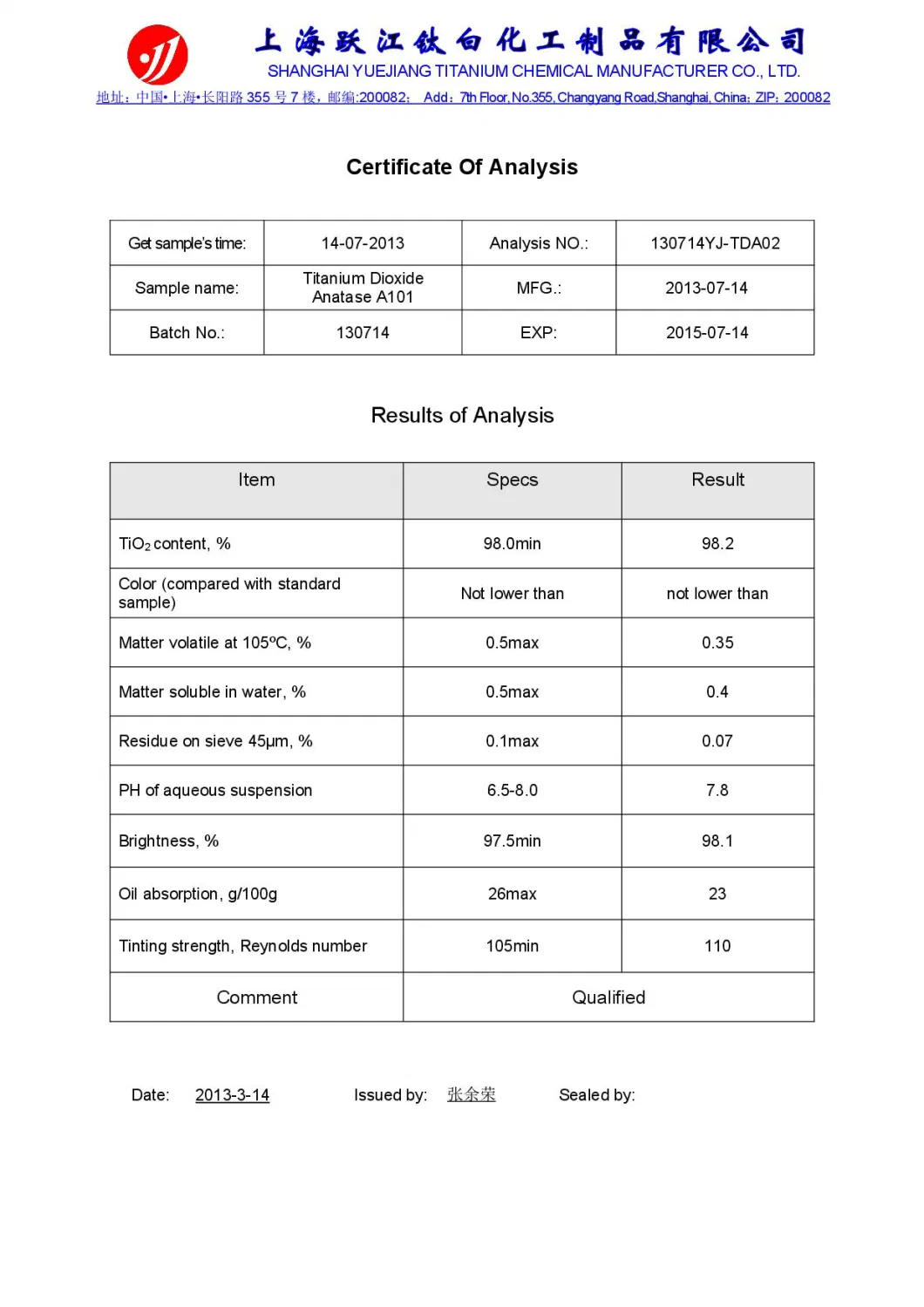 Anatase General Use Titanium Dioxide Chemical Pigment TiO2 A101